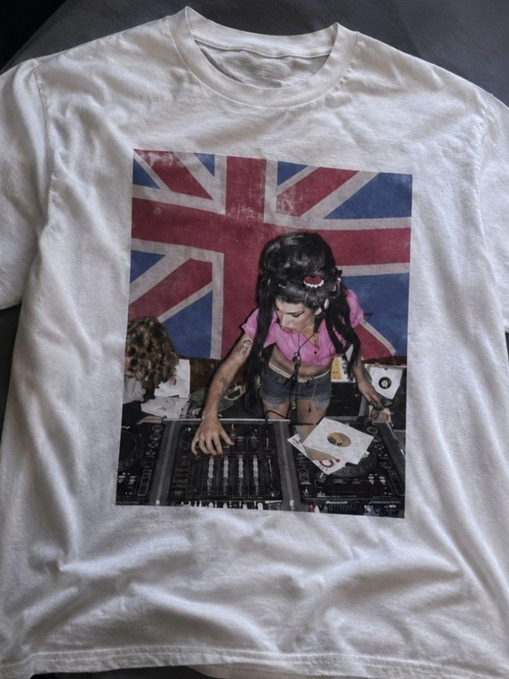 Gildan White Long Sleeve Tee with Union Jack DJ Graphic